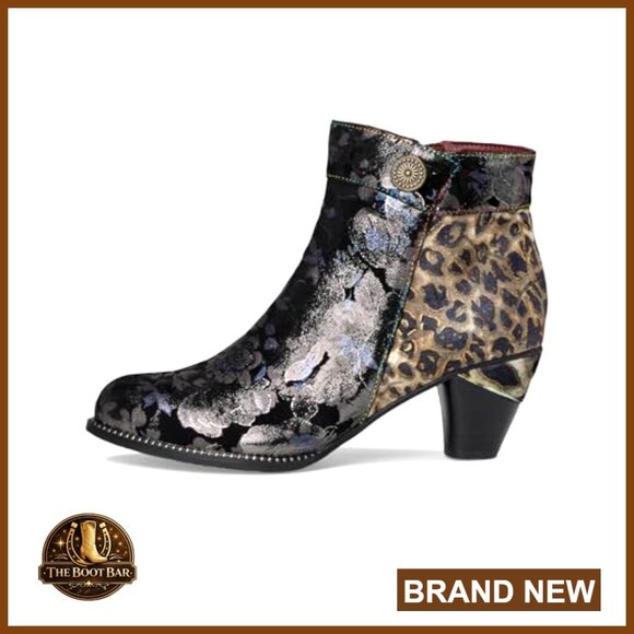 Floral Suede Ankle Booties with Velvet Accent, Side Zipper, Mid-Heel - Picture 5 of 7